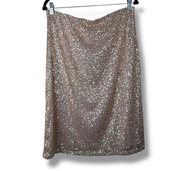 Adrianna Papell NWT Rose Gold Sequin High Waist Pull-On Pencil Midi Skirt Medium - Picture 6 of 7
